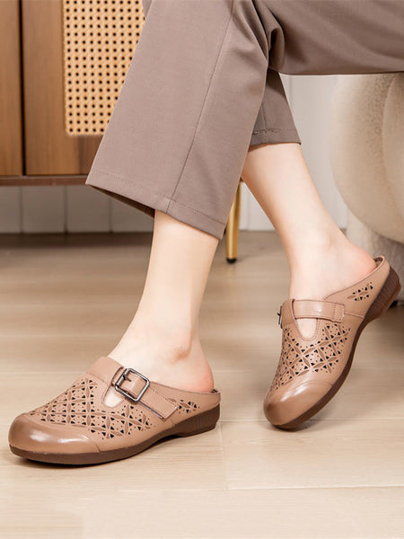 Heel Hollow Out Genuine Low Leather Women Shoes Vintage FashionChic