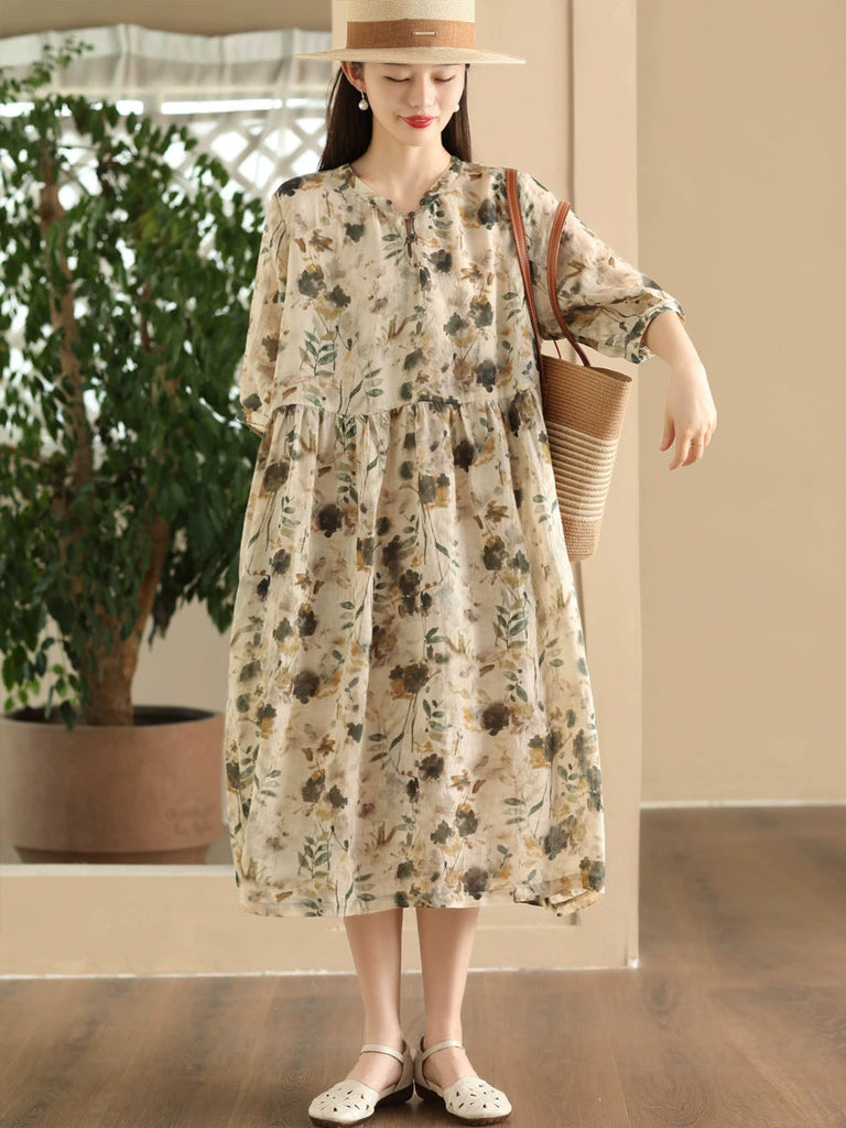 Women Summer Artsy Floral V-Neck Loose Ramie Dress LL020 ZMMM