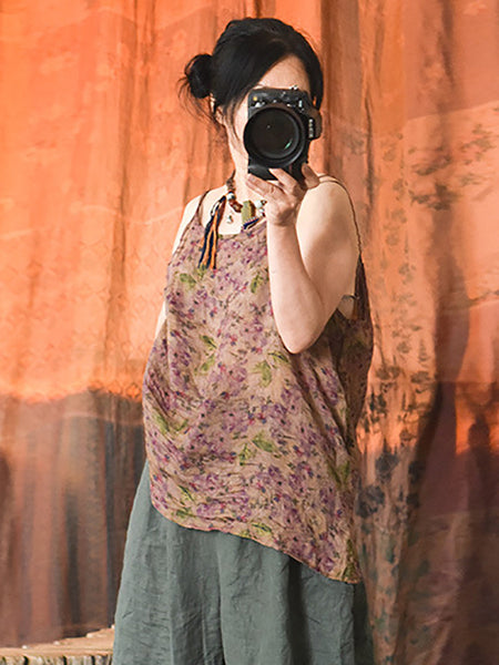 Women Vintage Flower Split Hem Thin Summer Ramie Vest HH051 QYMM