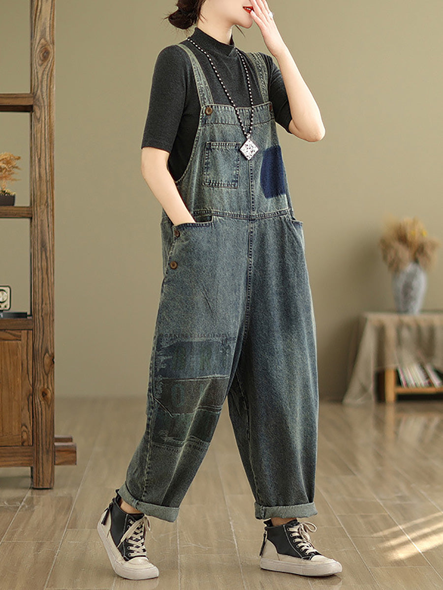 Women Retro Patchwork Loose Washed Denim Jumpsuits AH1080 JJX