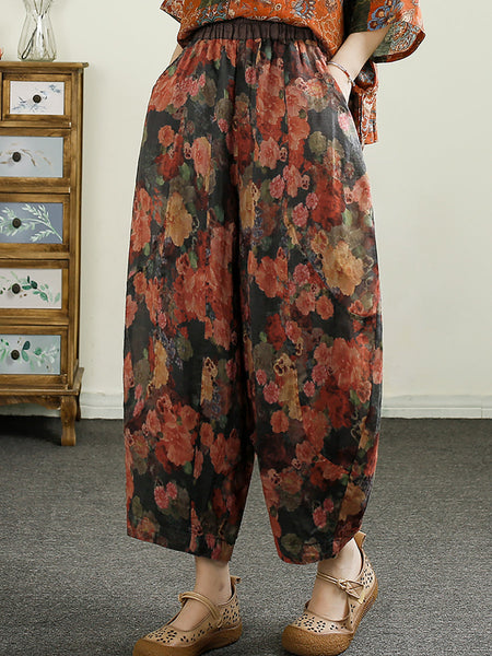 Women Summer Retro Floral Print Ramie Harem Pants CX052 BUYKUD