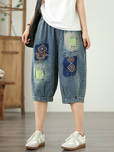 Denim Flower Retro Embroidery Fifth Women Pants Patchwork FashionChic