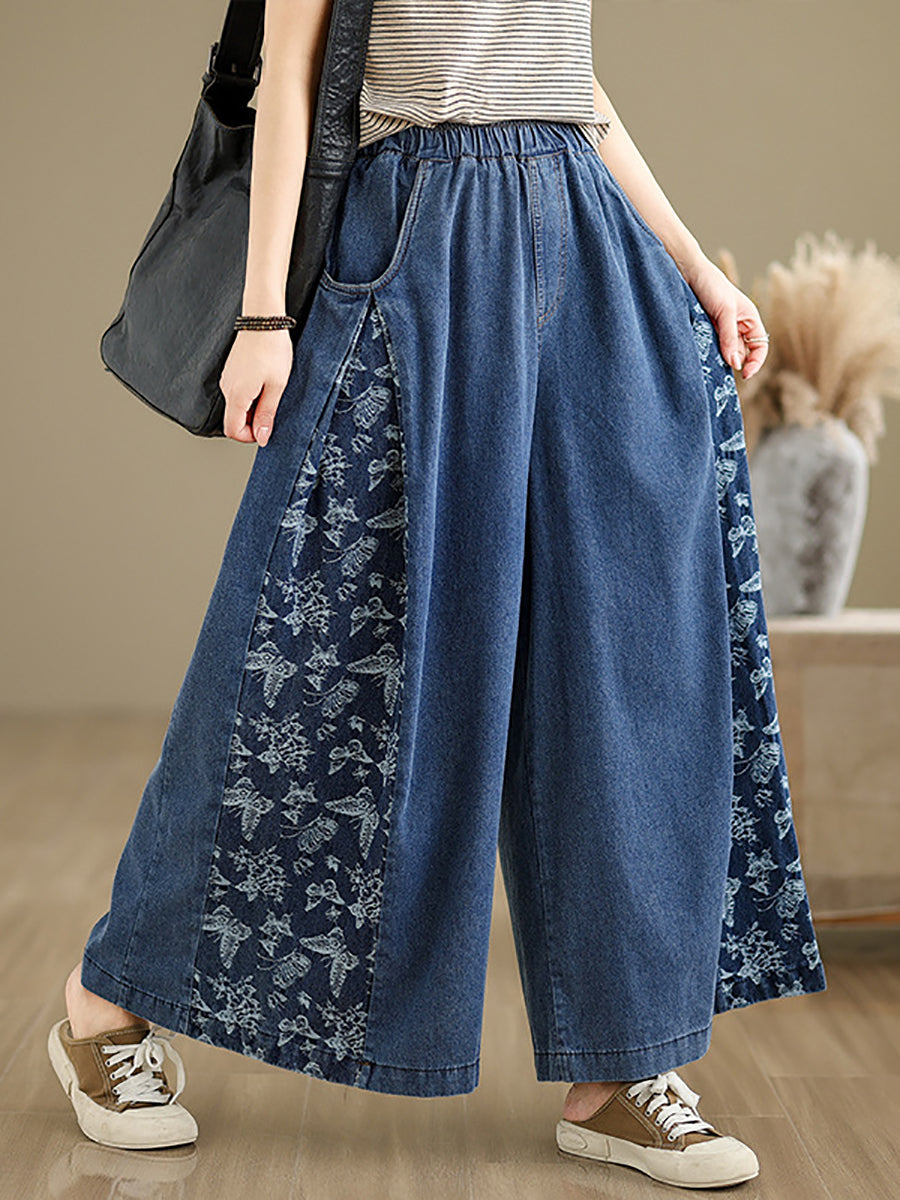 Women Vintage Summer Butterfly Spliced Wide-leg Denim Pants KL1037 Ada Fashion