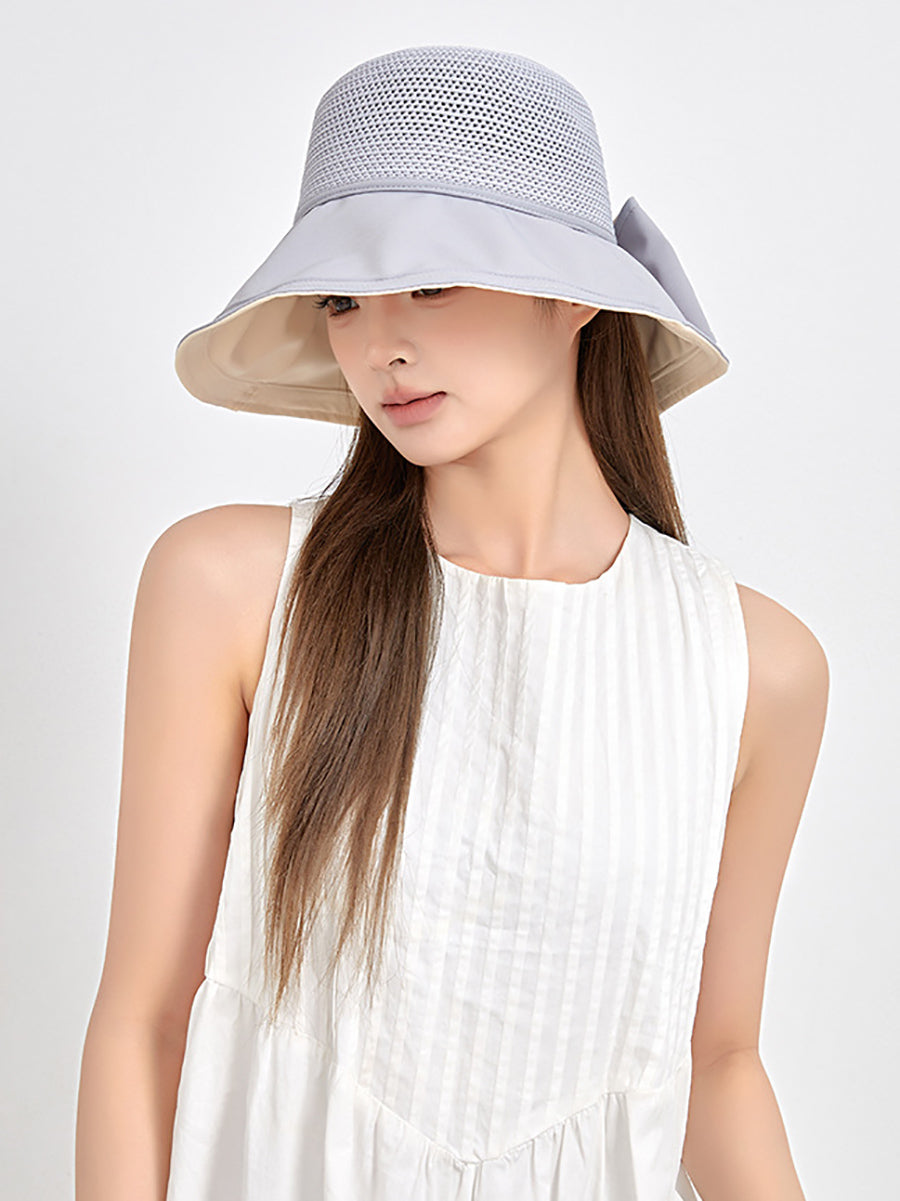Women Summer Artsy Solid Spliced Bowknot Sunproof Hat CX001 BUYKUD