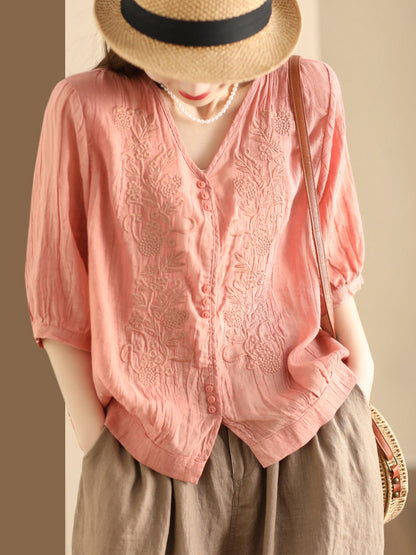 Women Vintage Summer Embroidery V-Neck Ramie Shirt PA1003 Ada Fashion