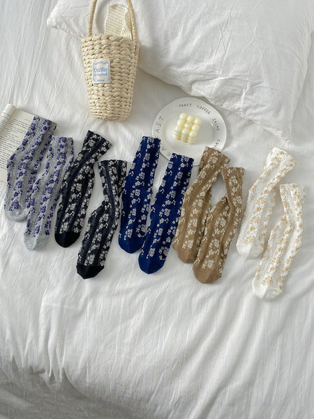 5 Pairs Women Floral Jacquard Cotton Socks AK1035 Genistyle Shop