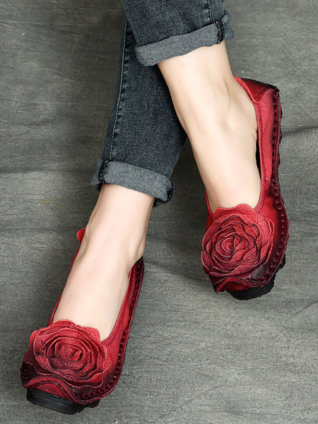 Women Summer Vintage Flower Leather Solid Shoes PP1033 RXMY