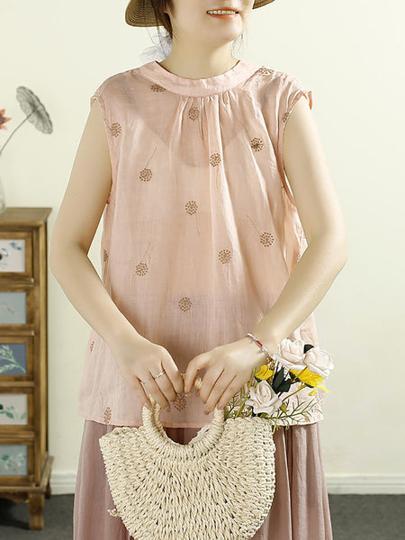 Women Summer Artsy Embroidery Stand Collar Ramie Vest HH021 LPP