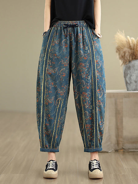 Denim Patchwork Pants Harem Women Retro Flower FashionChic