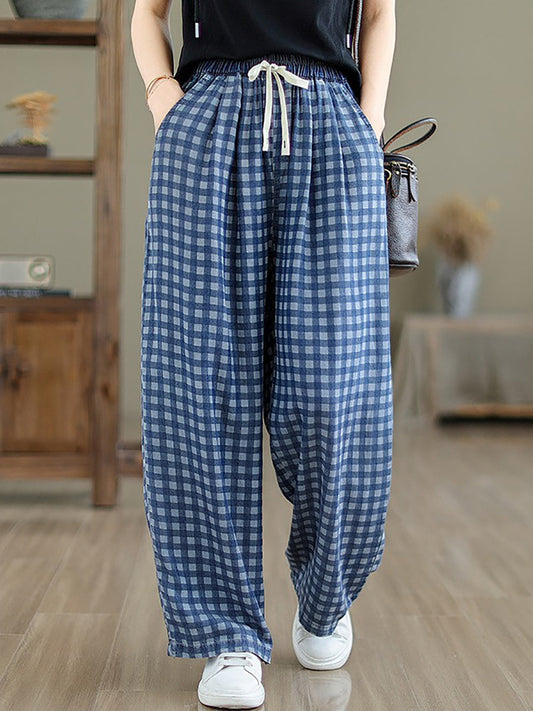 Women Summer Casual Plaid Wide-leg Cotton Pants OP1028 BUYKUD