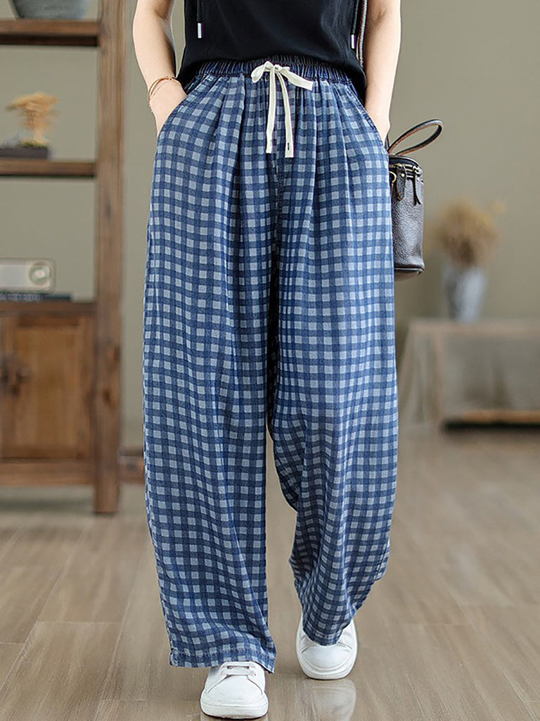 Women Summer Casual Plaid Wide-leg Cotton Pants OP1028 BUYKUD