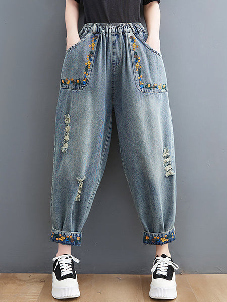 Women Artsy Embroidery Frayed Denim Harem Pants FD006 ZMFS