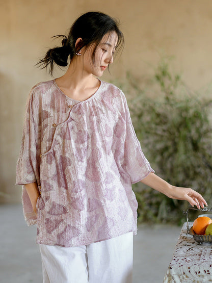 Women Summer Vintage Print O-Neck Button Loose Shirt II1009 BUYKUD