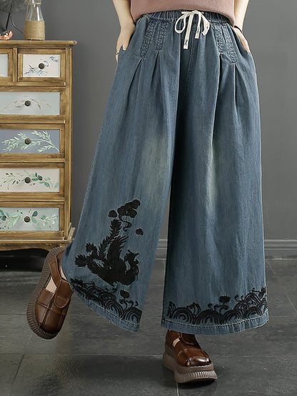 Women Ethnic Phoenix Embroidery Wide-leg Denim Pants KL1009 Ada Fashion