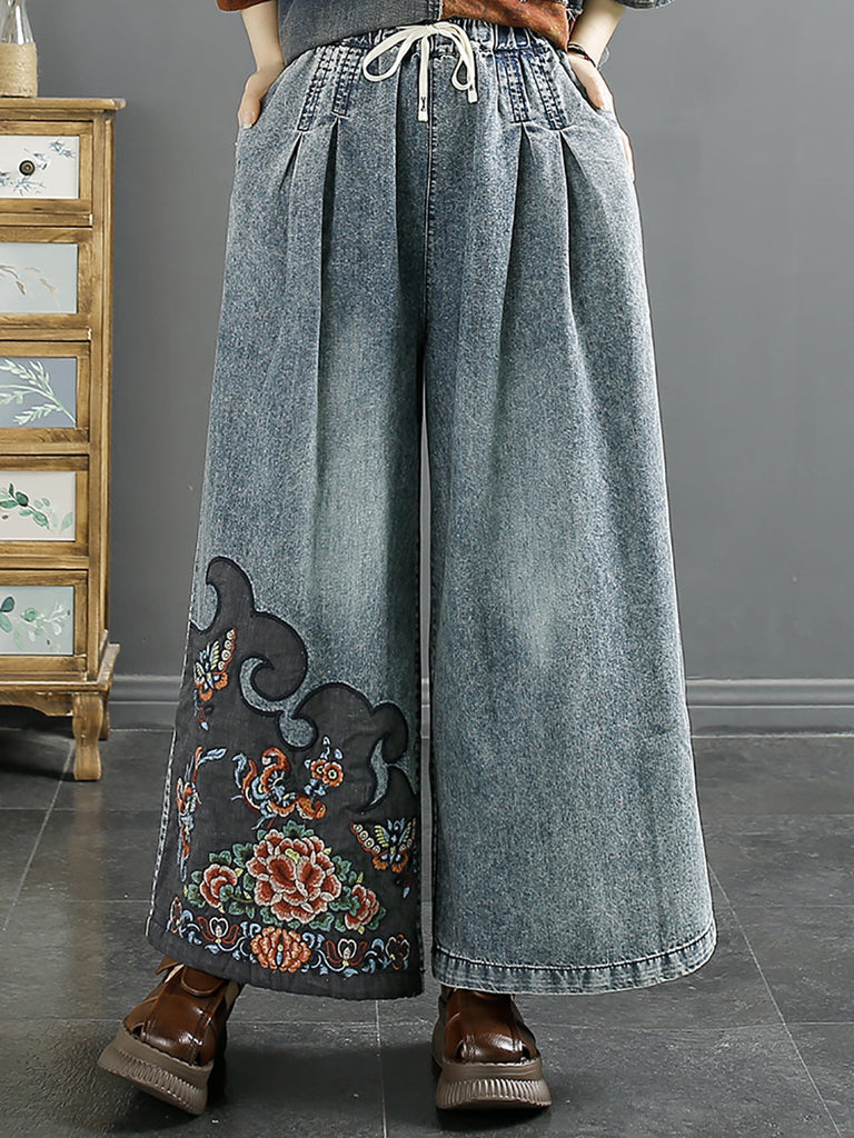 Women Summer Vintage Embroidery Denim Wide-leg Pants AA1039 Ada Fashion