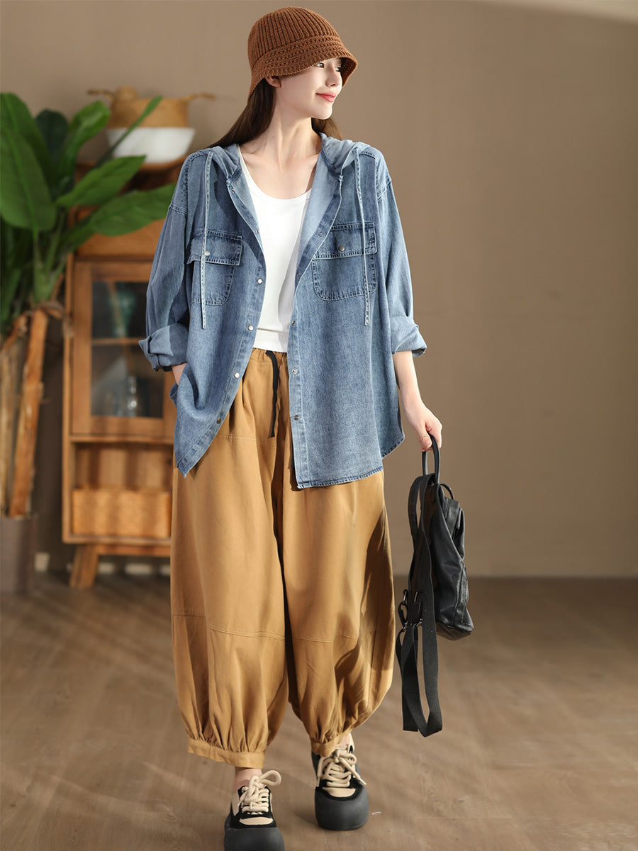 Women Casual Solid Autumn Pocket Denim Hooded Coat AT1026 ZMMM