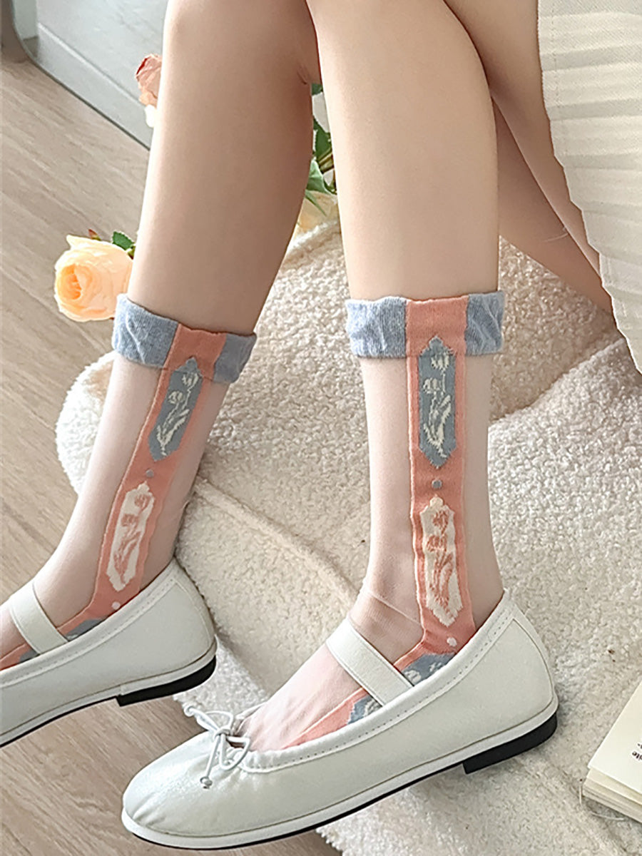 3 Pairs Women Artsy Flower Jacquard Long Socks FD029 TKWY