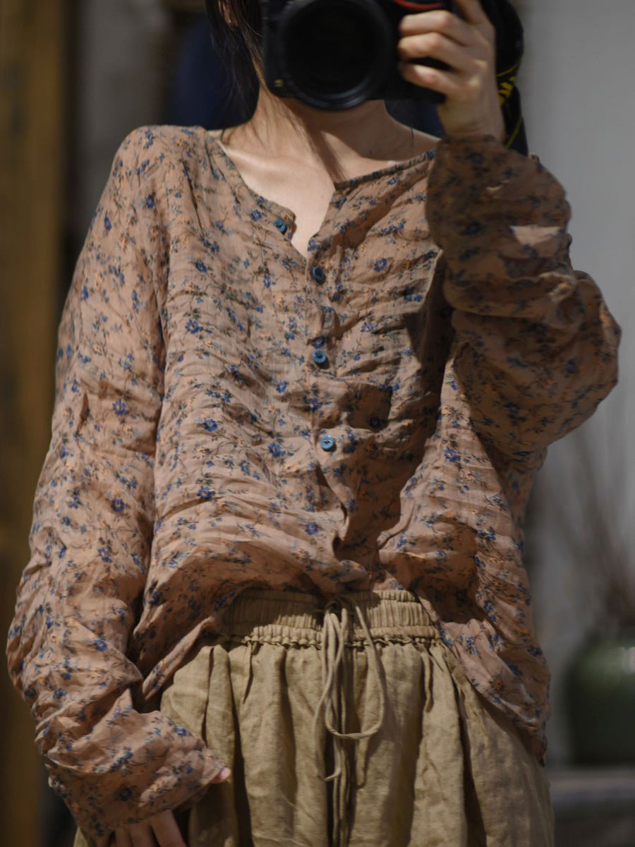 Shirt O-Neck Autumn Women Button Floral Vintage Ramie FashionChic