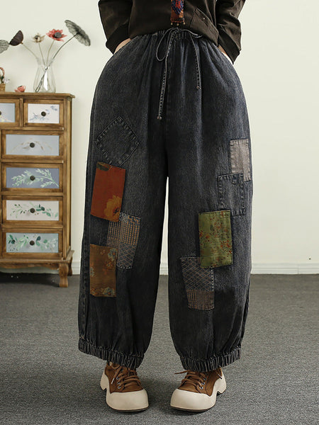 Women Autumn Patch Spliced Denim Harem Pants AI1053 BUYKUD