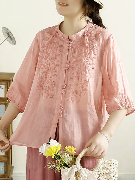 Women Summer Artsy Embroidery Button Ramie Shirt II1043 BUYKUD