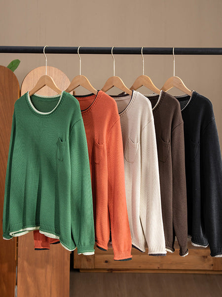Women Autumn Casual Colorblock O-Neck Cotton Knit Blouse AI1068 BK