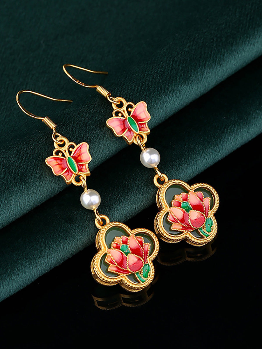 Women Vintage Enamel Flower Butterfly Pearl Earrings AH1086 BUYKUD