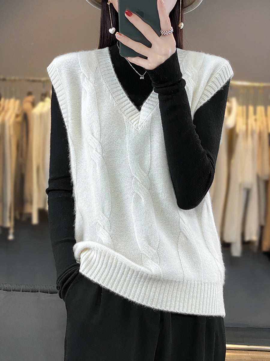 Women Casual Autumn Wool V-Neck Cable Knit Vest QN024 BUYKUD