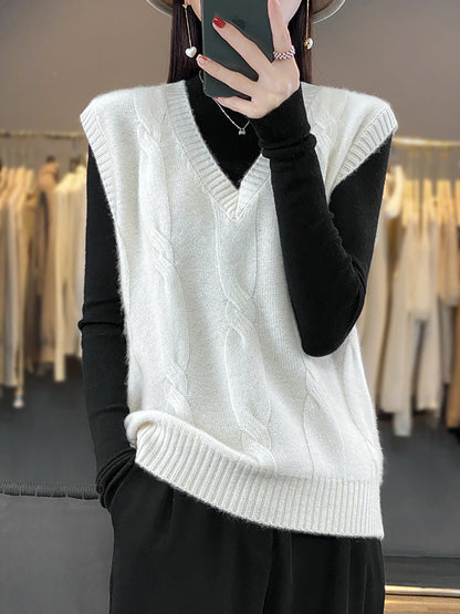Women Casual Autumn Wool V-Neck Cable Knit Vest QN024 BUYKUD
