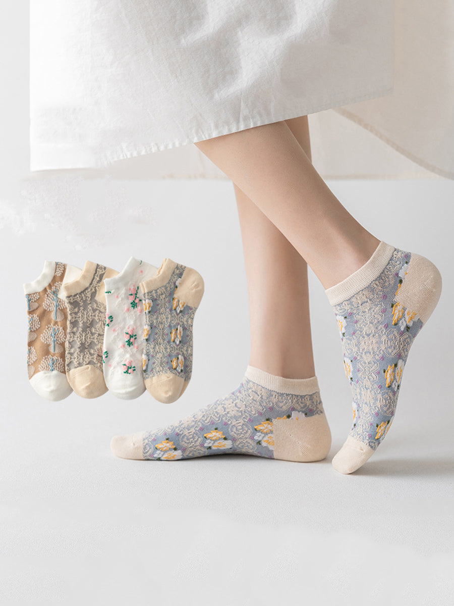 4 Pairs Women Summer Artsy Flower Jacquard Socks AS1009 Ada Fashion