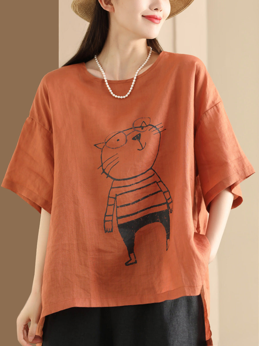 Women Summer Cartoon Cat Print Ramie Pullover Shirt OO1034 BUYKUD