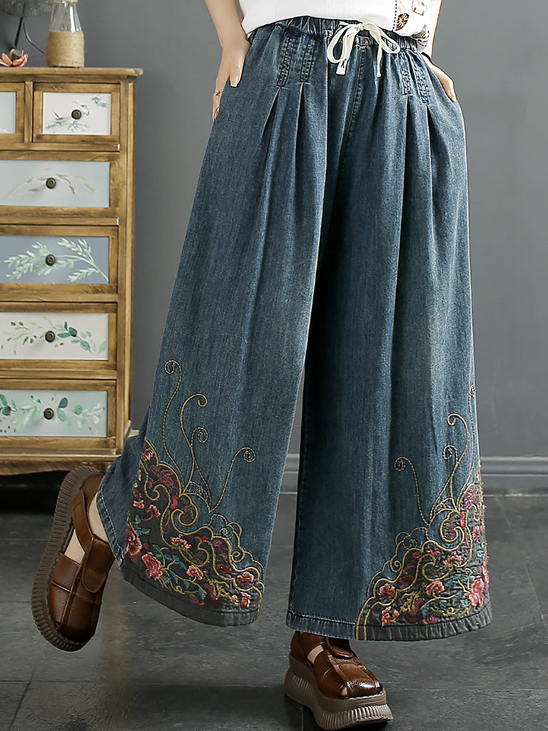 Women Vintage Summer Embroidery Wide-leg Denim Pants KL1007 Ada Fashion