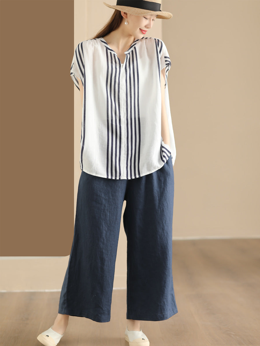 Women Summer Artsy Stripe V-Neck Thin Linen Shirt CV1053 Ada Fashion