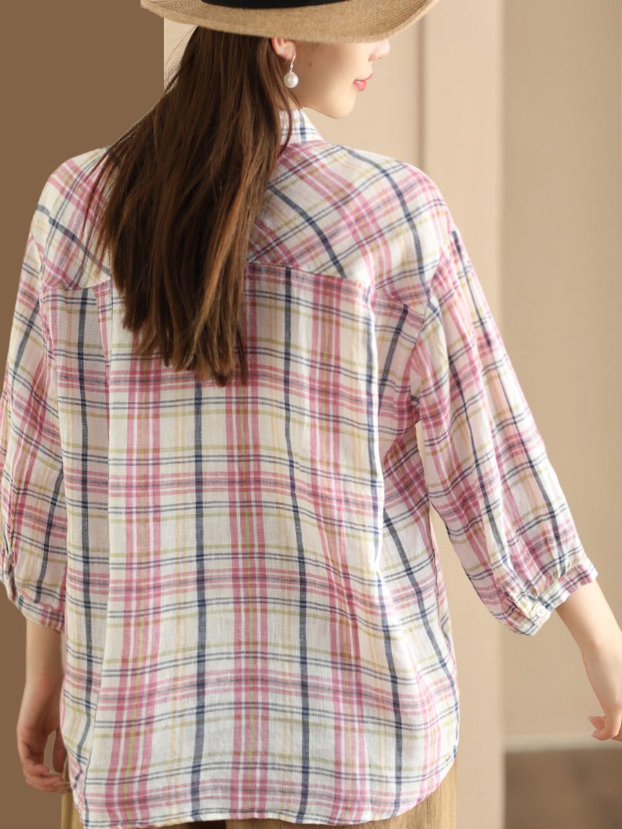 Women Vintage Plaid Summer Ramie Button-up Shirt SC1016 Ada Fashion