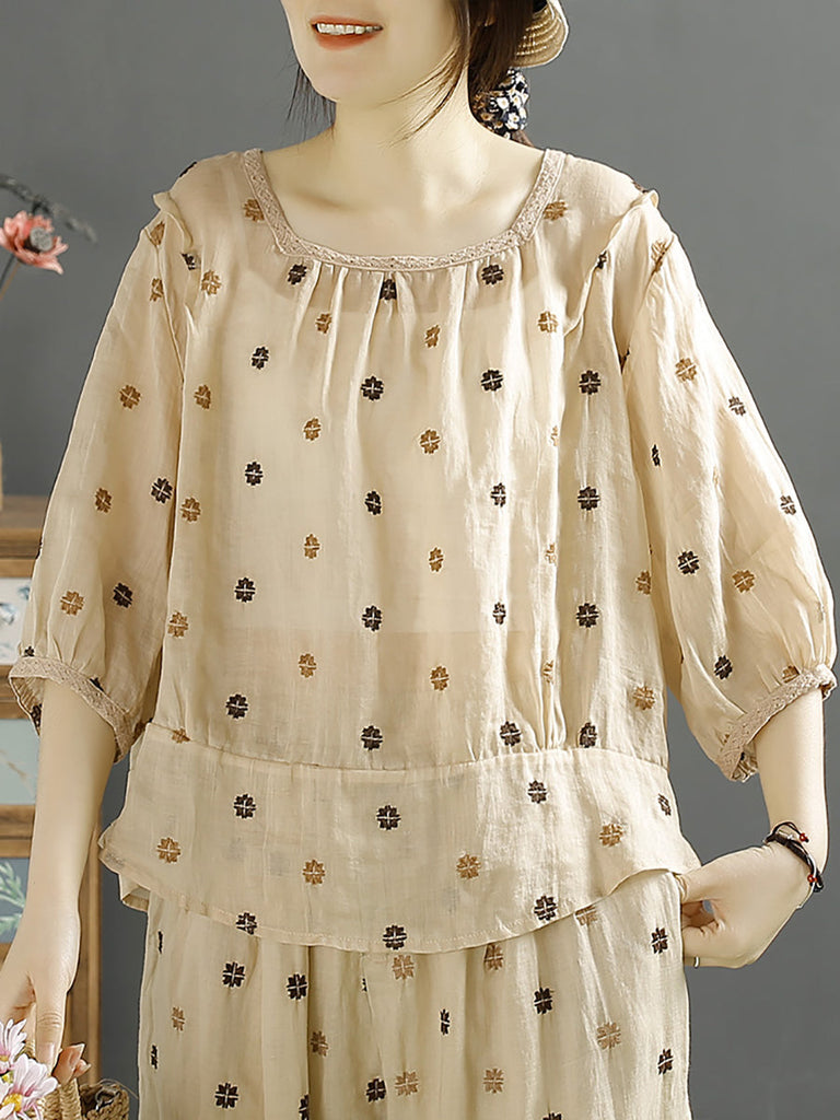 Women Summer Vintage Floral Back Button-up Ramie Shirt SC1043 Ada Fashion