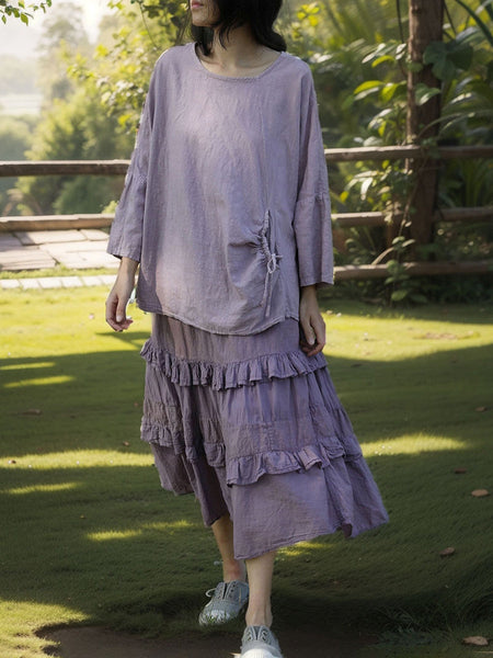 Women Spring Vintage Purple Drawstring Cotton Shirt SC1018 Ada Fashion