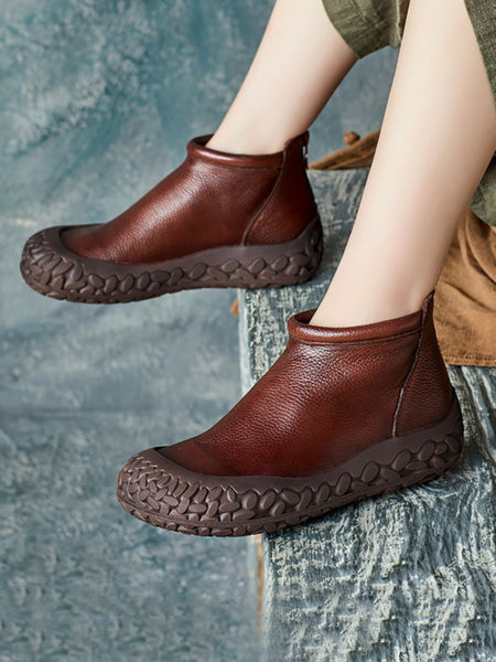 Women Autumn Casual Pure Color Leather Zipper Flat Boots AH1043 RXMY