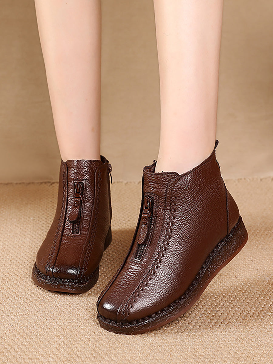 Women Winter Vintage Leather Fleece-lined Low Heel Boots AT1034 BC