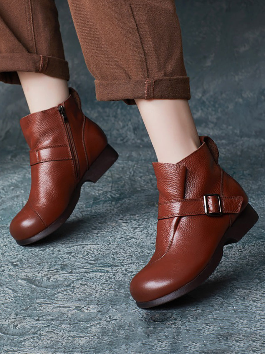 Women Vintage Autumn Soft Leather Buckle Low Heel Boots BA1053 Genistyle Shop