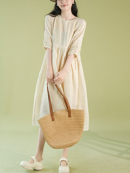 Women Summer Artsy Shirred O-Neck Lacework Ramie Dress CX030 YQMM