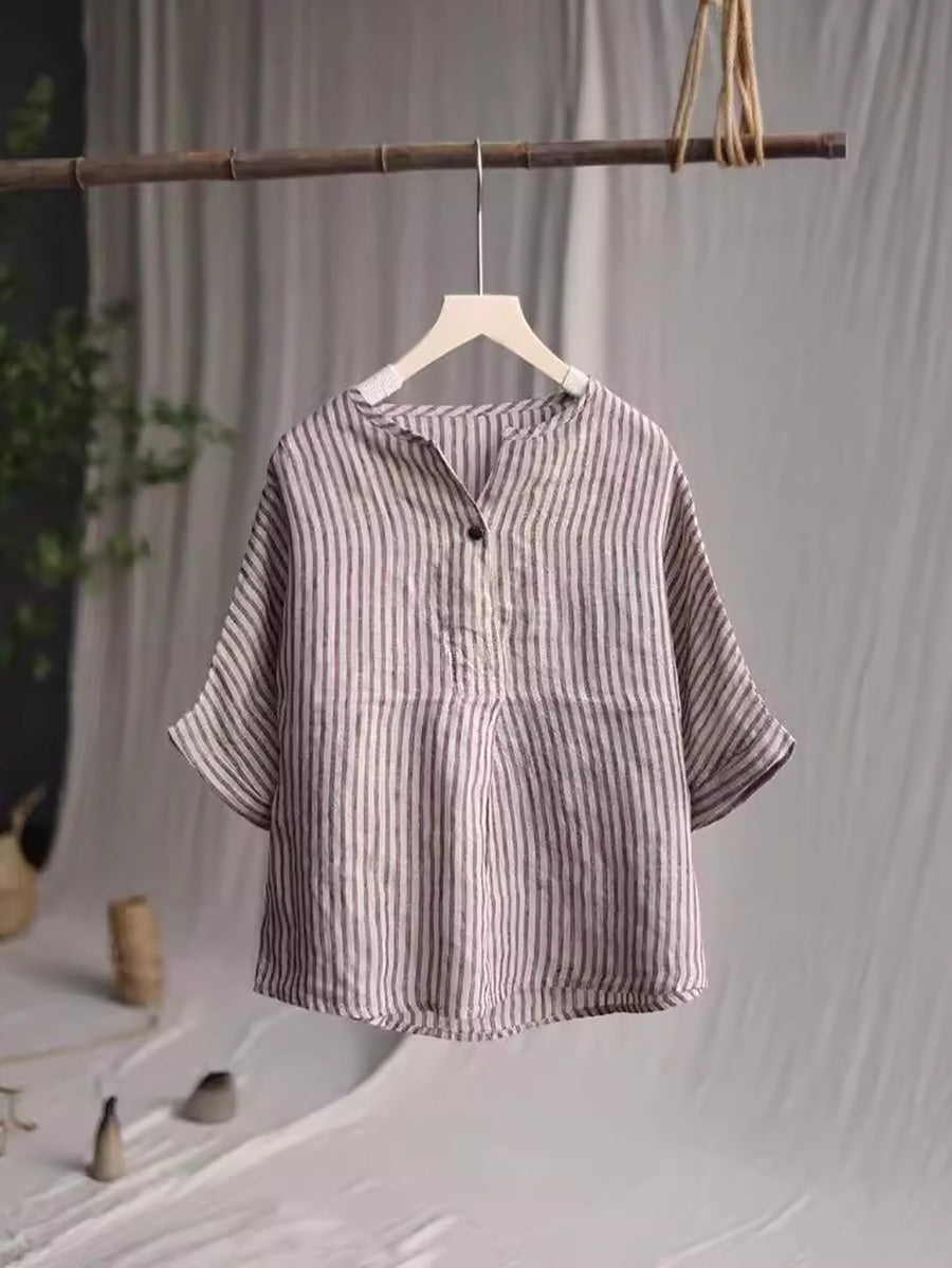 Women Casual Stripe Summer Linen V-Neck Shirt PA1001 Ada Fashion