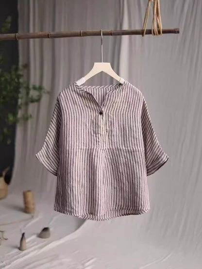 Women Casual Stripe Summer Linen V-Neck Shirt PA1001 Ada Fashion