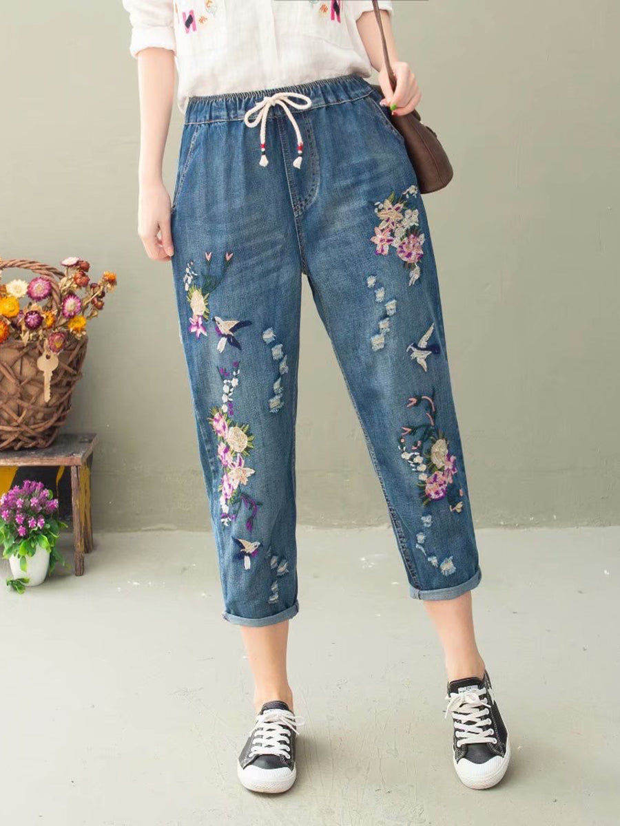 Women Summer Casual Flower Embroidery Denim Harem Pants IO1022 Ada Fashion