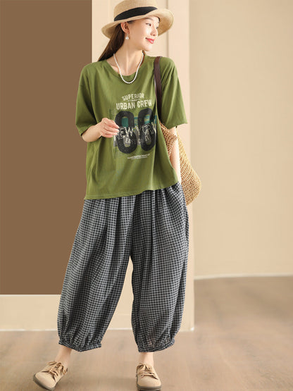 Women Summer Vintage Plaid Cotton Harem Pants BN1021 Ada Fashion