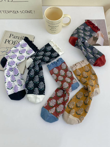 5 Pairs Women Artsy Foral Embroidery Colorblock Cotton Socks AV1043 Genistyle Shop