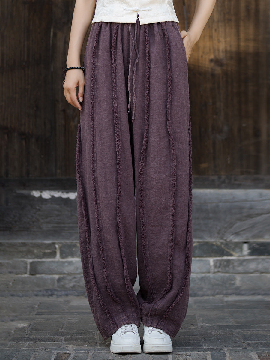 Women Ethnic Solid Raw-edge Wide-leg Ramie Pants FD053 BXF