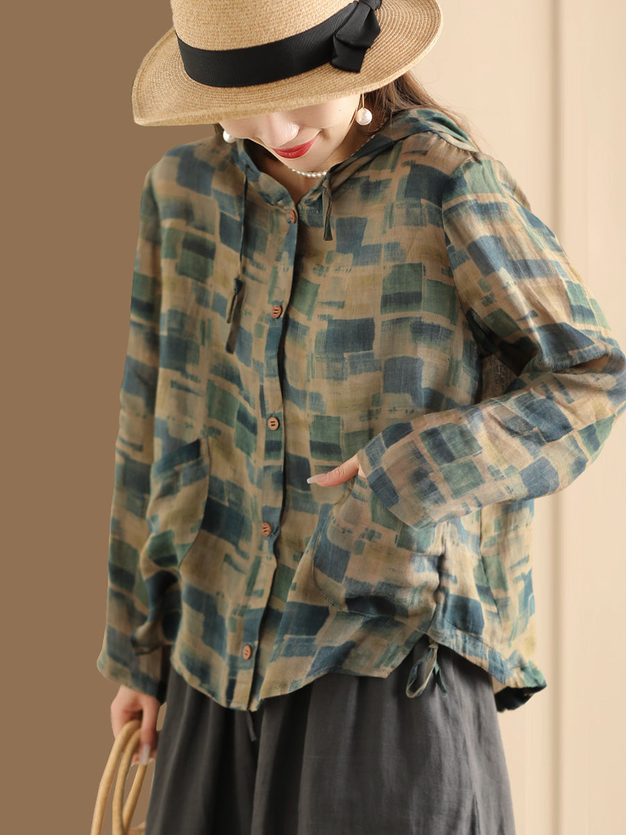 Women Spring Artsy Flower Button-Up Hooded Shirt CO1004 Ada Fashion