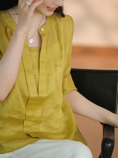 Women Summer Artsy Solid V-Neck Ramie Shirt CC051 XE