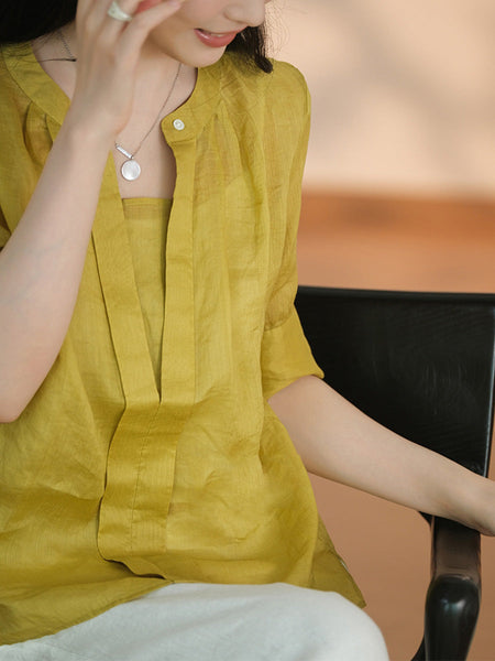 Women Summer Artsy Solid V-Neck Ramie Shirt CC051 XE