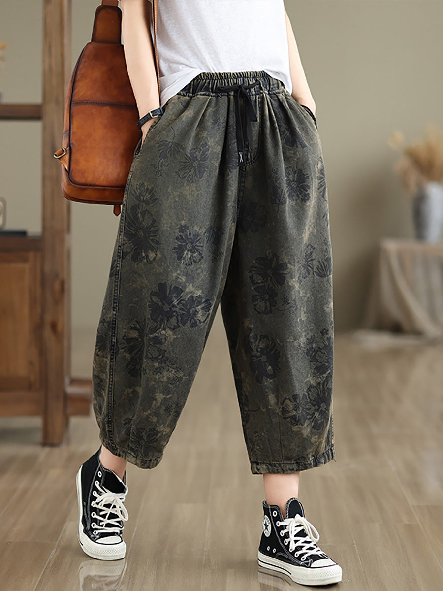 Women Summer Vintage Flower Denim Harem Pants LL034 BUYKUD