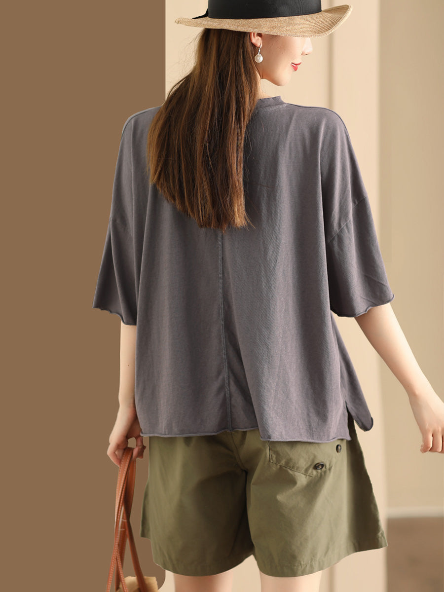 Women Summer Casual Print O-Neck Loose Cotton Shirt ZZ1054 Ada Fashion